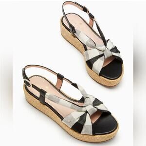 kate spade Black and White Gingham Bow Espadrille Wedge Sandals